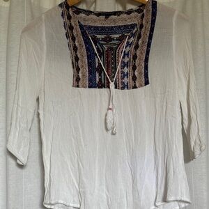 Staccato White Peasant Tunic with Blue Embroidered Yoke